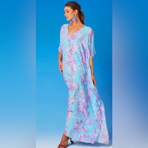 NICOBLU - CAMILLE KAFTAN IN TURQUOISE AND PURPLE FLORAL TOILE